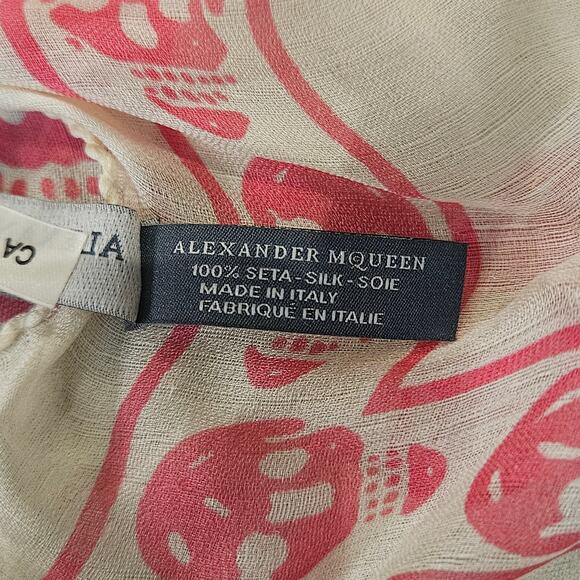 Alexander McQueen Classic Skull Foulard Womens One Size Ivory Pink Silk Scarf - Picture 8 of 12